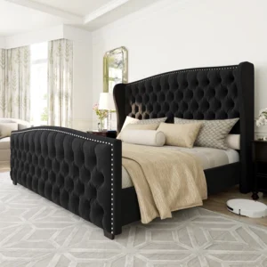 DuJuan Deep Button Tufted Upholstered King Bed with Nailhead Trim Wingback Headboard, Black