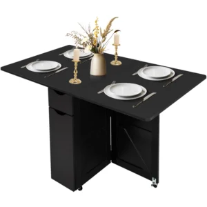 Folding Dining Table with Larger Tabletop（53'' × 31.5''), Drop Leaf Design, 6 Wheels and 2-Layer Storage Shelves, Space Saving Multi-Functional Kitchen and Dining Table, Black