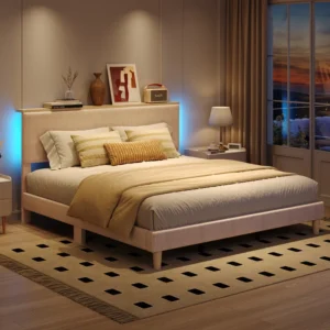 Velvet Upholstered Platform King Bed Frame with Storage Headboard and LED Lights