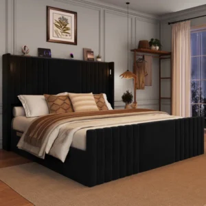 Velvet Upholstered Wingback Platform Bed
